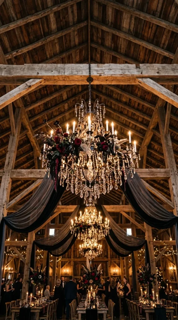 Hang Dramatic Chandeliers Above Rustic Beams