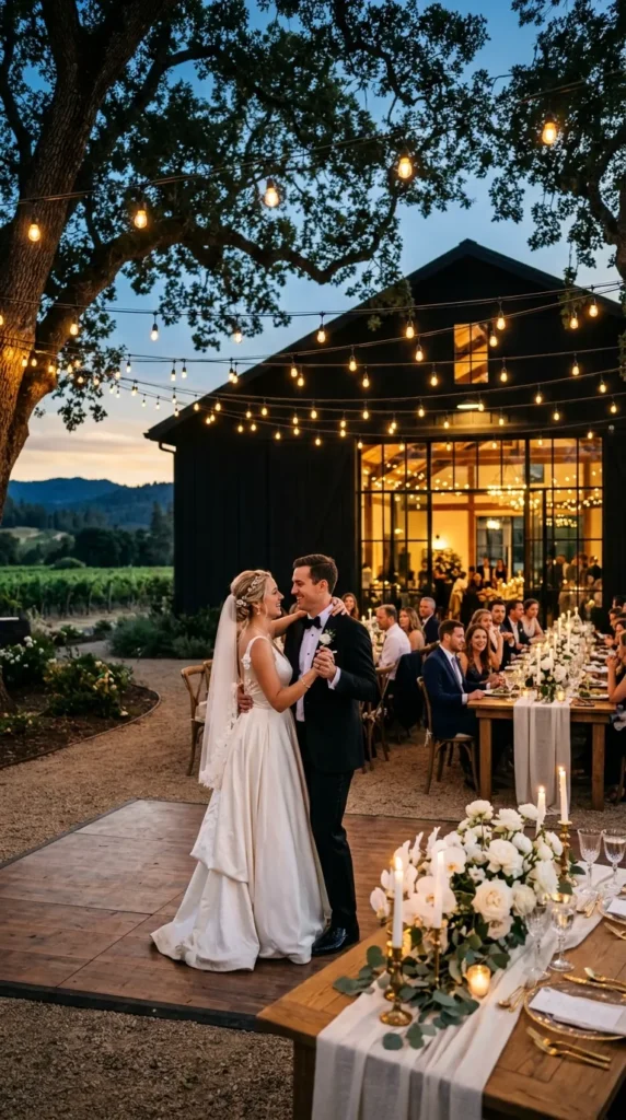 Install Café Lights Between the Barn and Trees