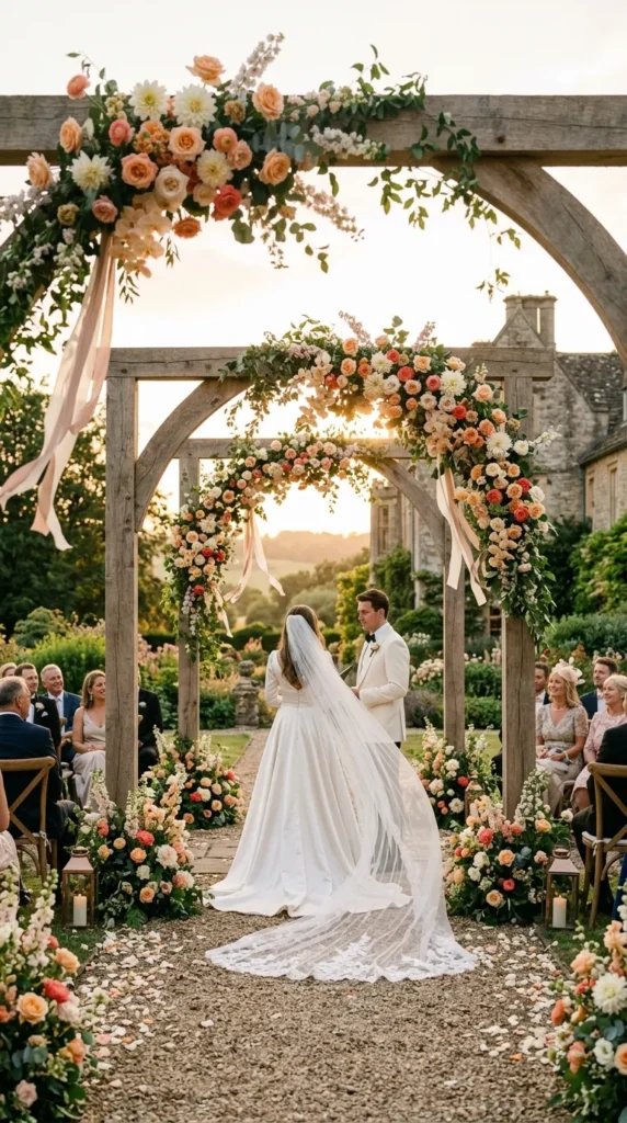 Layered Wooden Arches with Colorful Florals