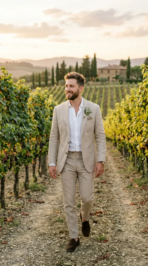 Light Tan Linen Suit for Outdoor Weddings