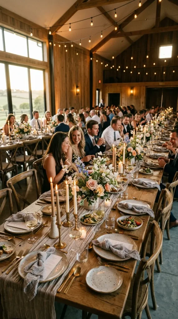 Long Farm Tables with Layered Linens