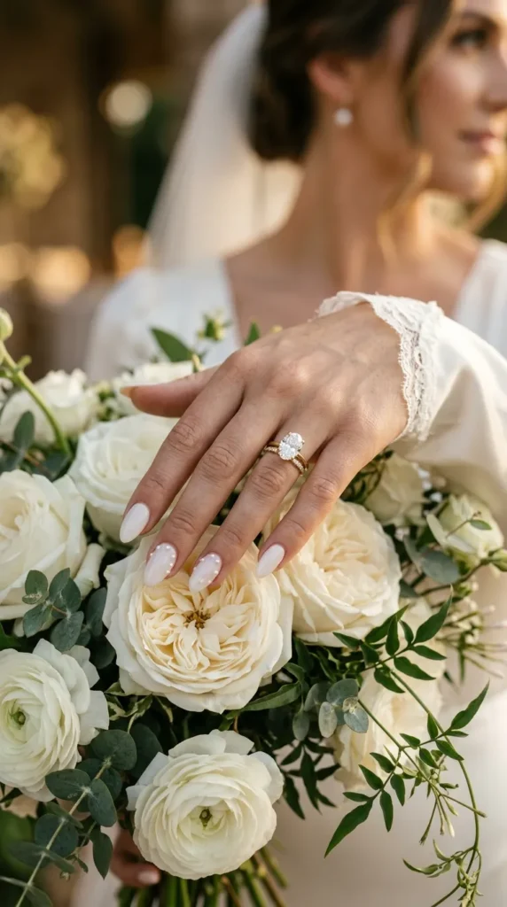 Milky White Nails with Tiny Pearl Accents