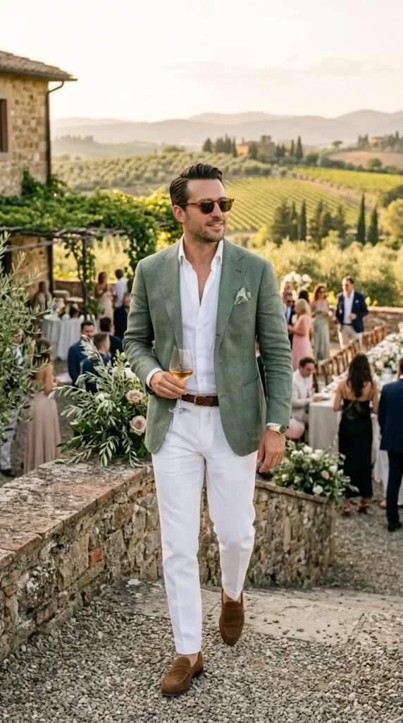 Sage Green Blazer with White Trousers