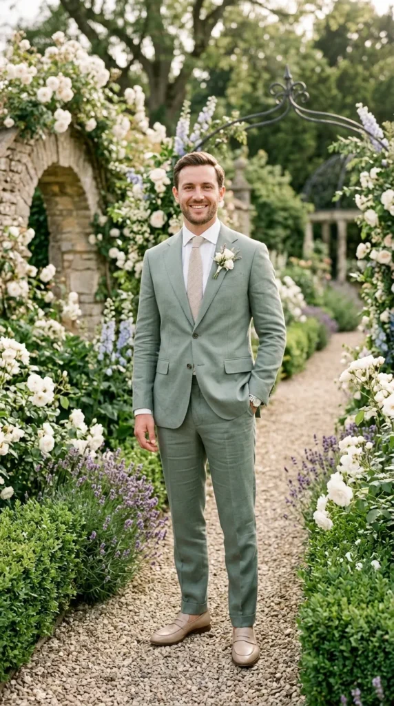 Soft Sage Green Suit for Garden Weddings