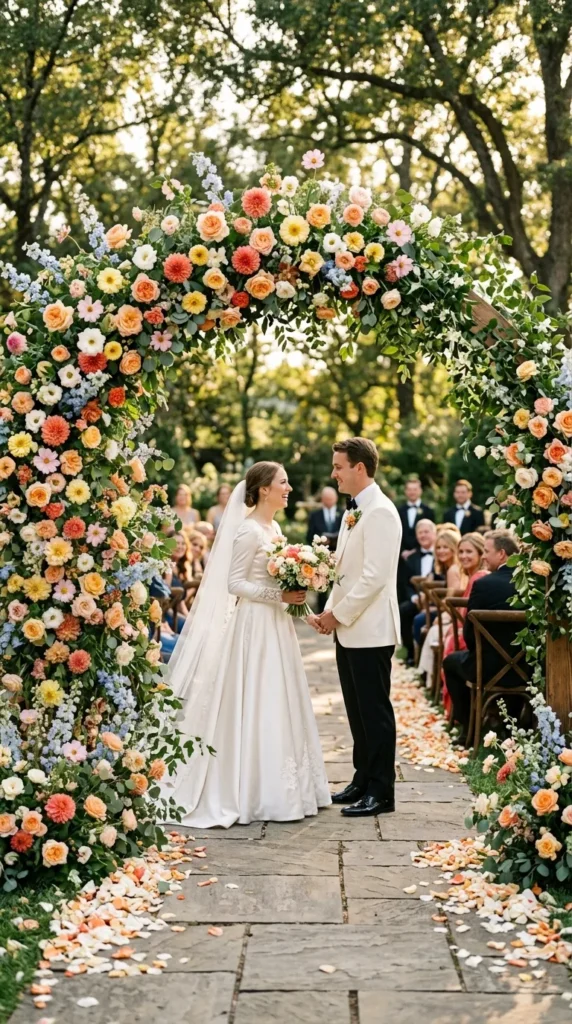A Vibrant Floral Arch Bursting with Seasonal Blooms