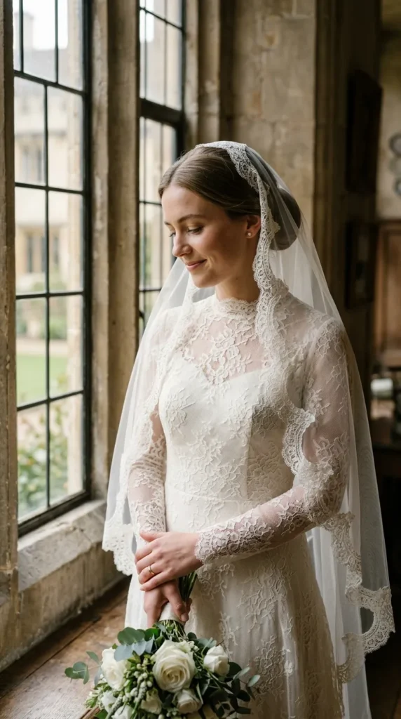 Antique Lace Veil With Scalloped Edging