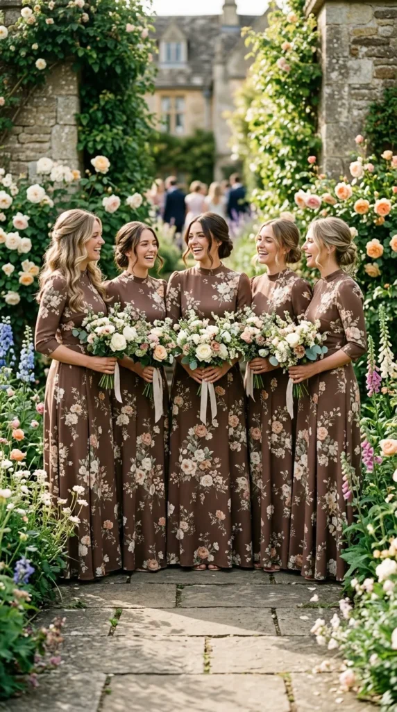 Brown Floral-Print Bridesmaid Dresses