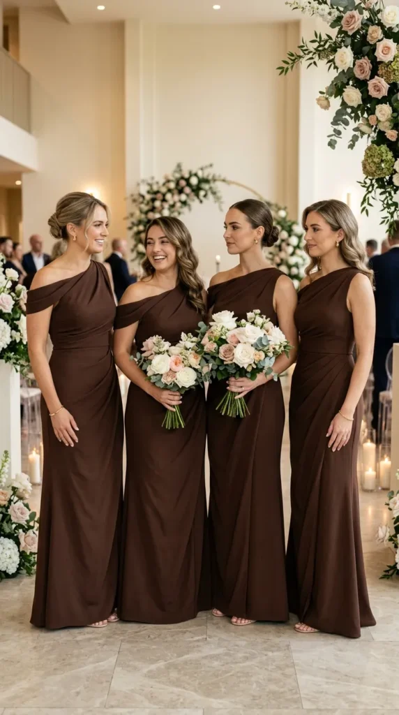 Brown One-Shoulder Bridesmaid Dresses
