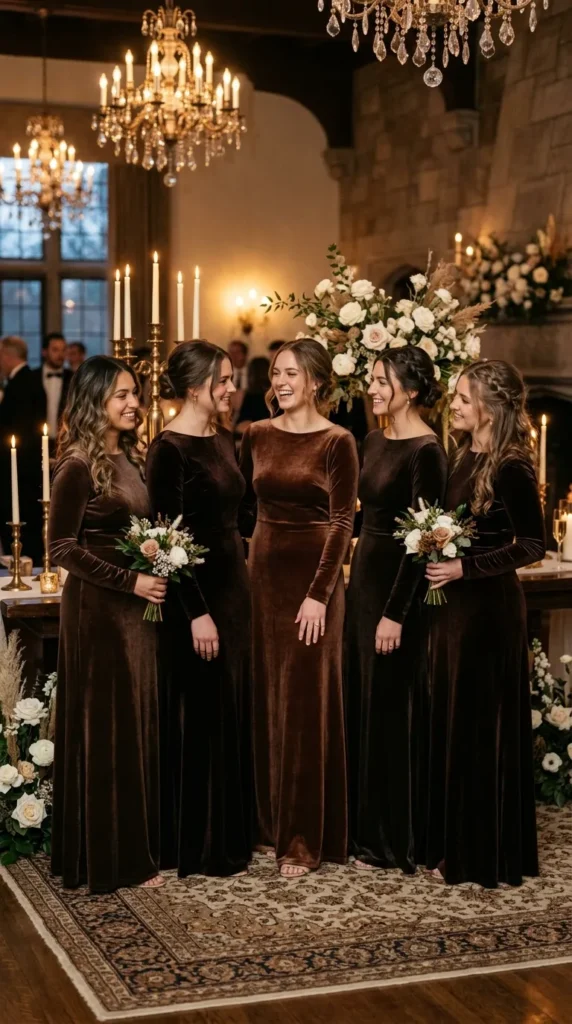 Brown Velvet Bridesmaid Gowns