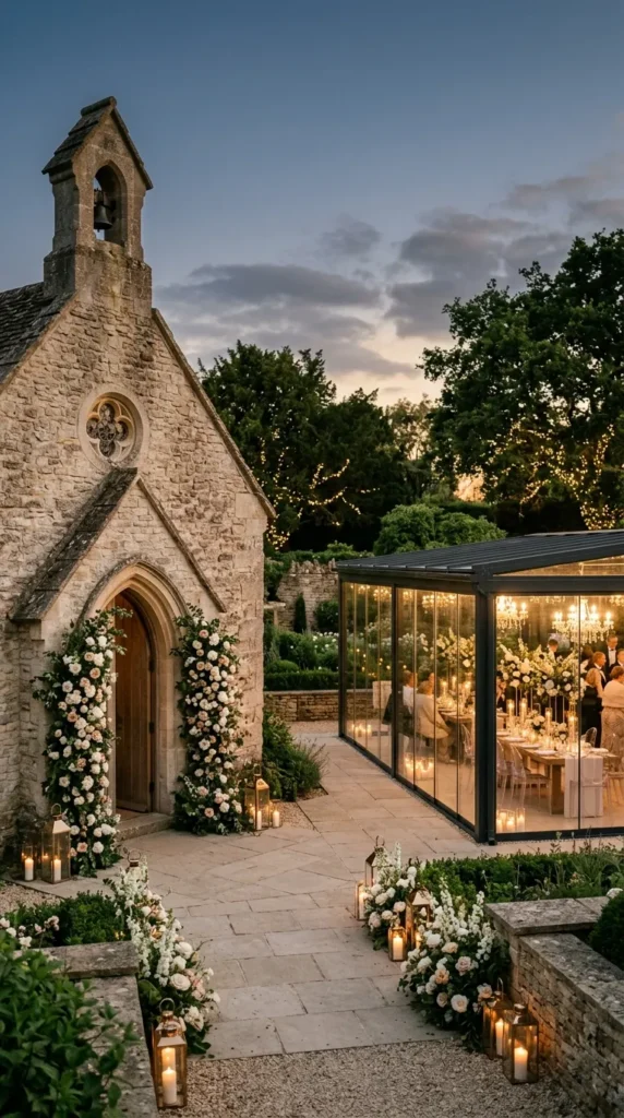 Elegant Stone Chapel with Modern Glass Reception Space