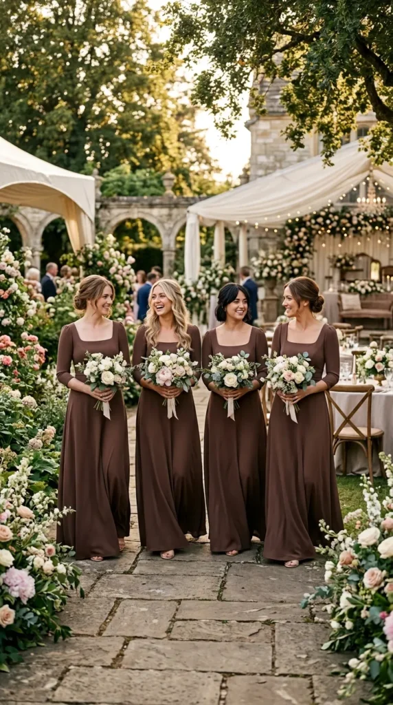 Mocha Bridesmaid Dresses with Soft Necklines