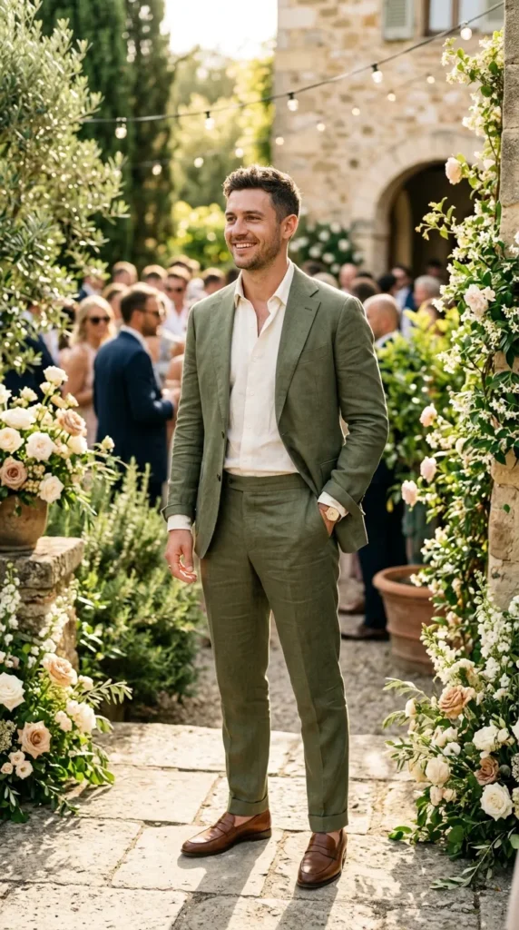 Olive Green Linen Suit for a Summer Wedding