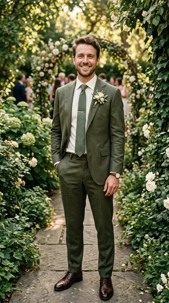 Olive Green Suit with Natural Accessories