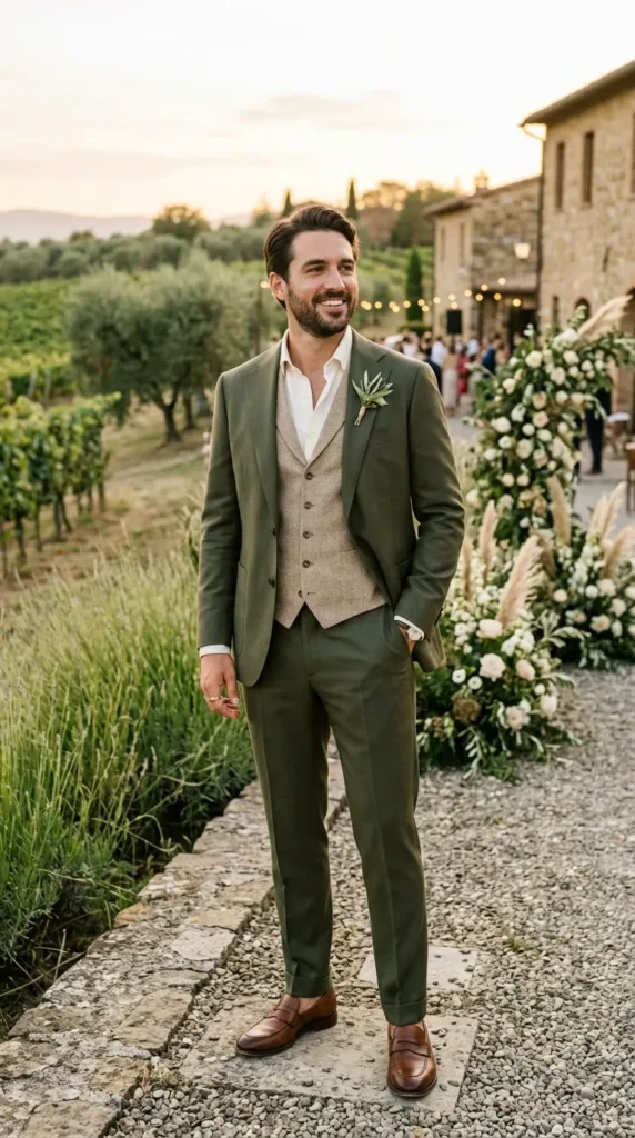 Olive Green Suit with a Beige Vest