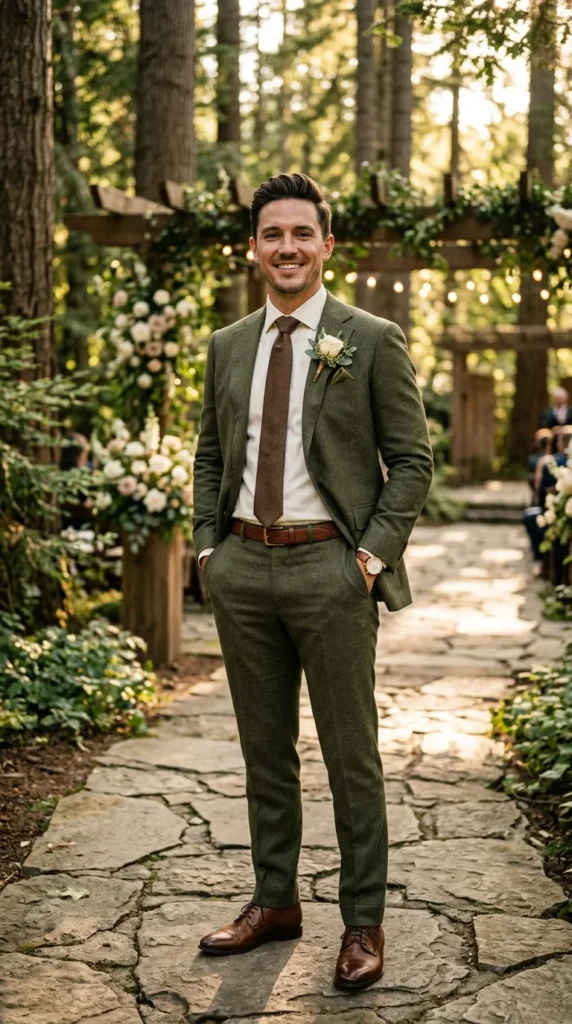 Olive Green Suit with a Brown Leather Accent