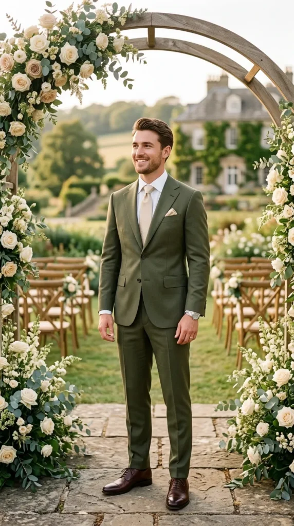 Olive Green Suit with a Champagne Tie