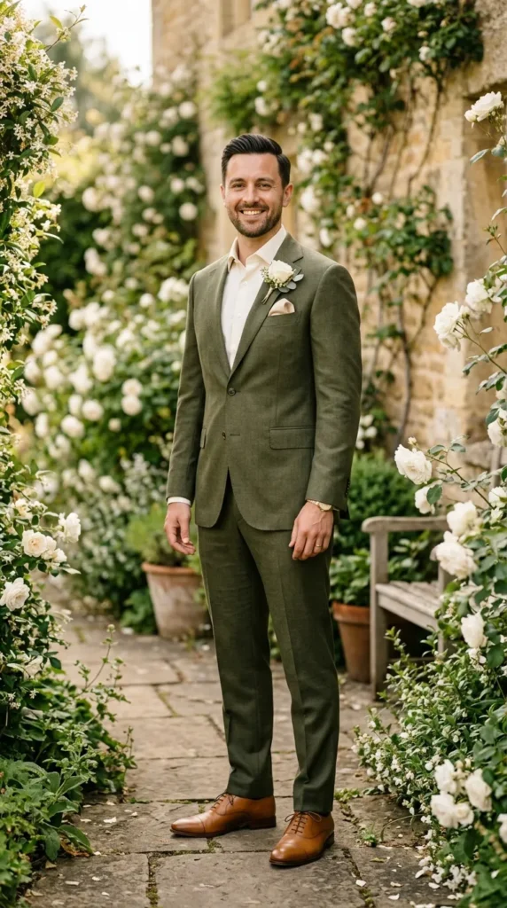 Olive Green Suit with a Cream Shirt
