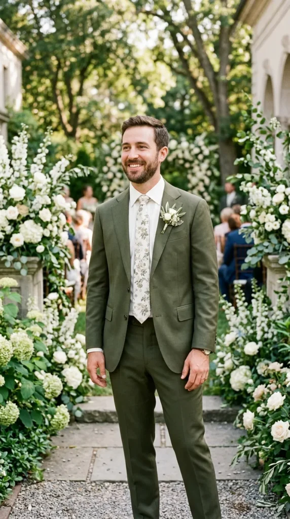 Olive Green Suit with a Floral Tie