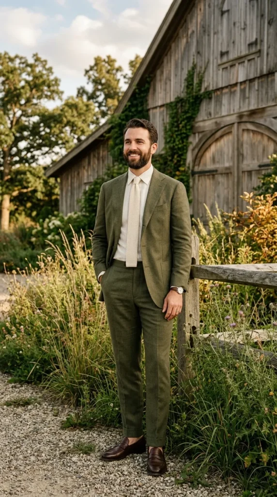Olive Green Suit with a Knit Tie