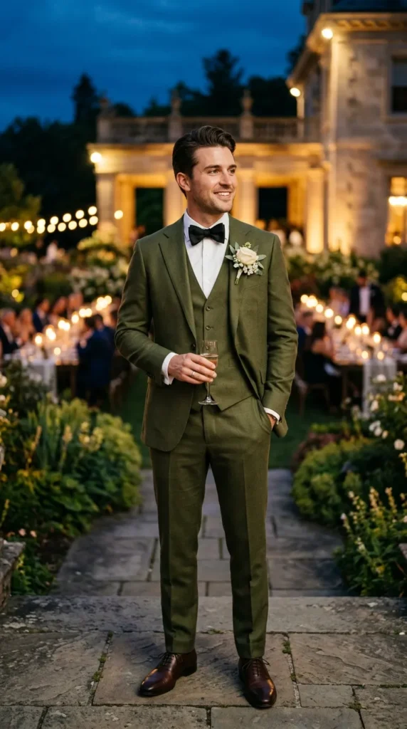 Olive Green Suit with a White Shirt and Bow Tie