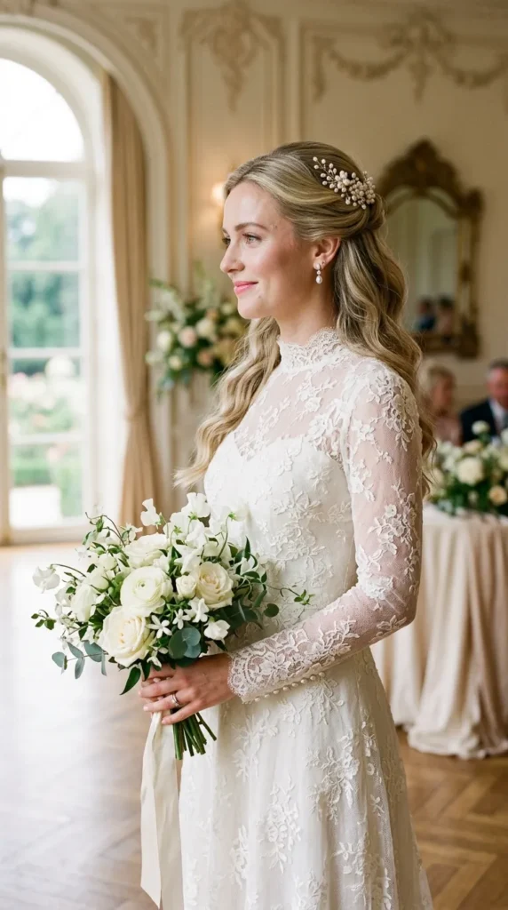 Half-Up Hairstyle with a Pearl Hairpiece