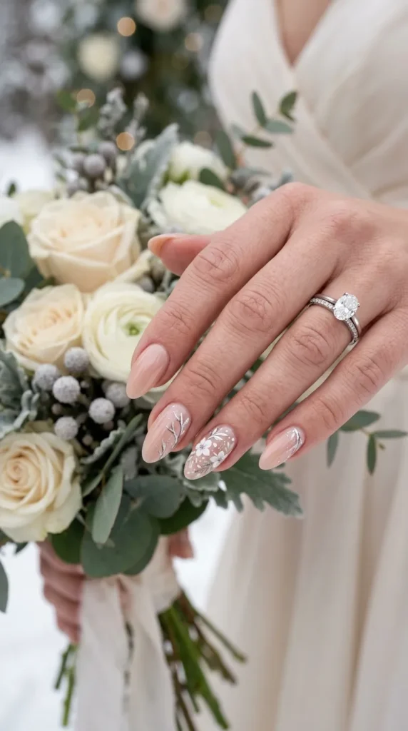 Snowy Nude Floral Nails