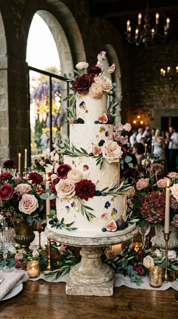 Style a Botanical Wedding Cake with Burgundy Details