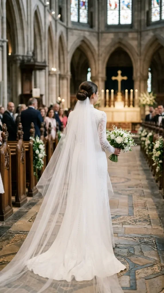 Tuck a Cathedral Veil Beneath a Low Chignon