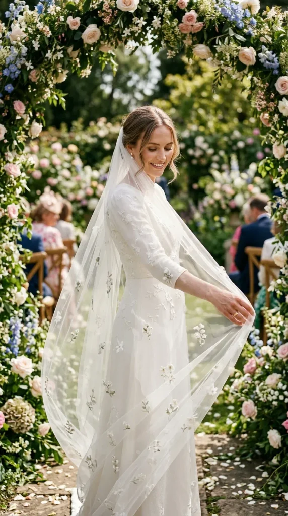 Lace Appliqué Veil With Scattered Floral Details