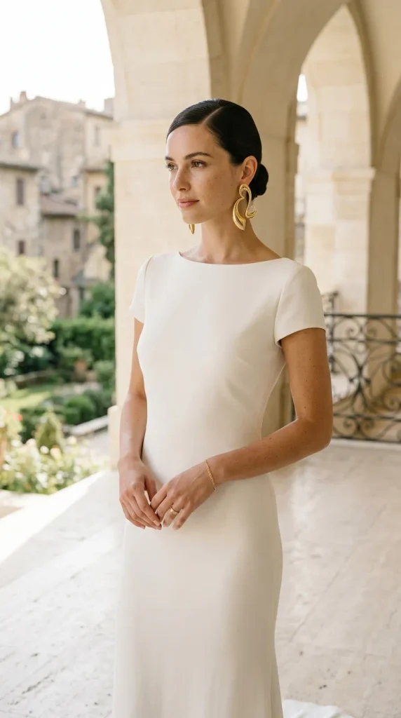 Sculptural Gold Earrings With a Simple Gown